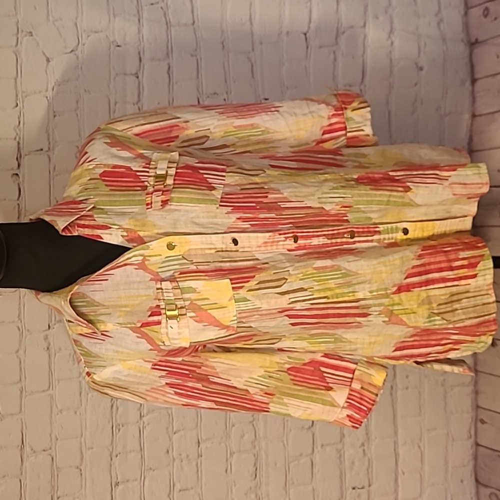Linen 3/4 Sleeve Size 4 Gold Buttons JM Collection Artsy Colorful Blouse